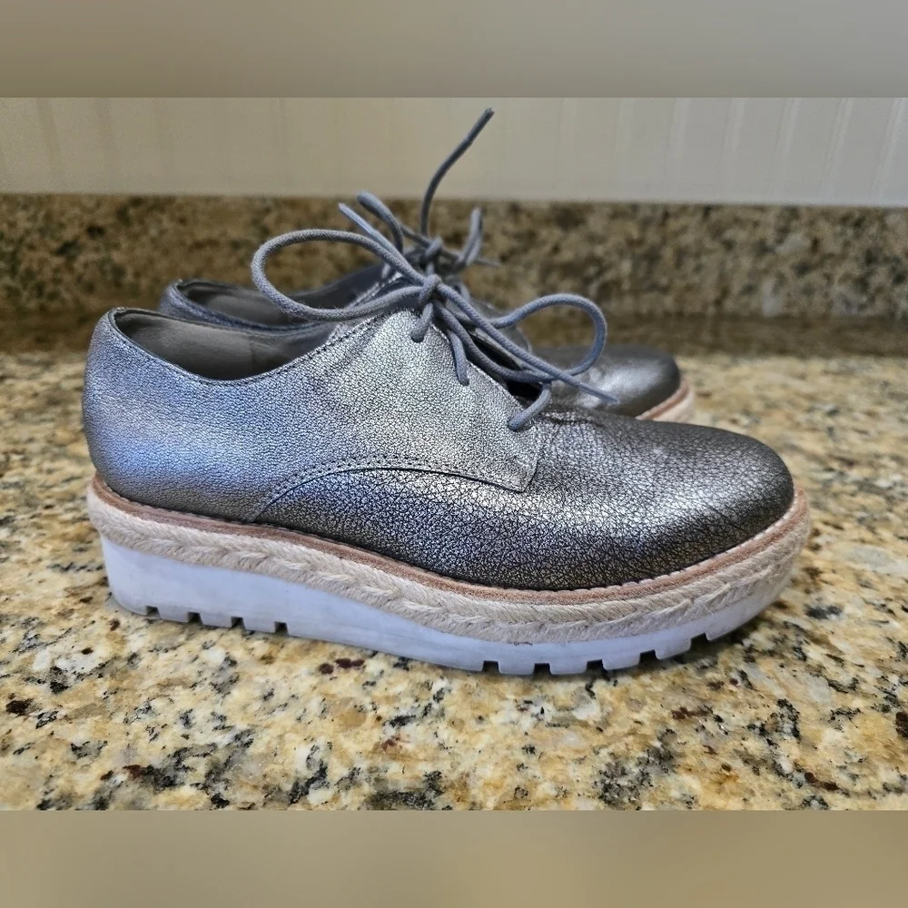 EILEEN FISHER Everly Derby Metallic Silver Leather Laceup Platform Oxford sz 5.5